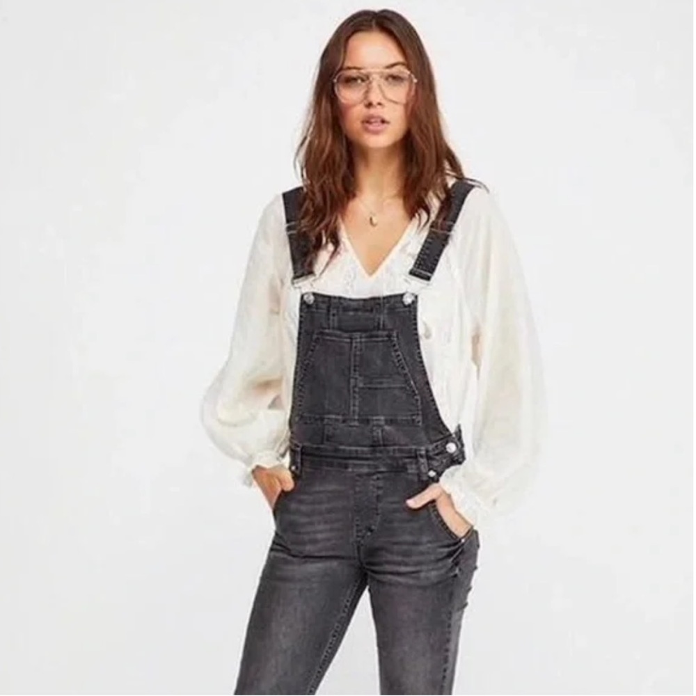 Free People Skinny Washed Overalls Dark Grey Size 27